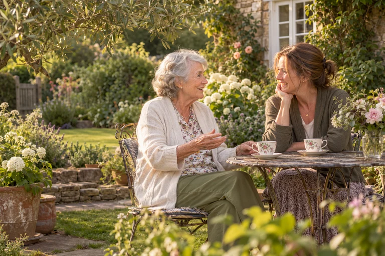 Illustrative scene of two women sharing conversation in an English garden, with one teacup for each woman