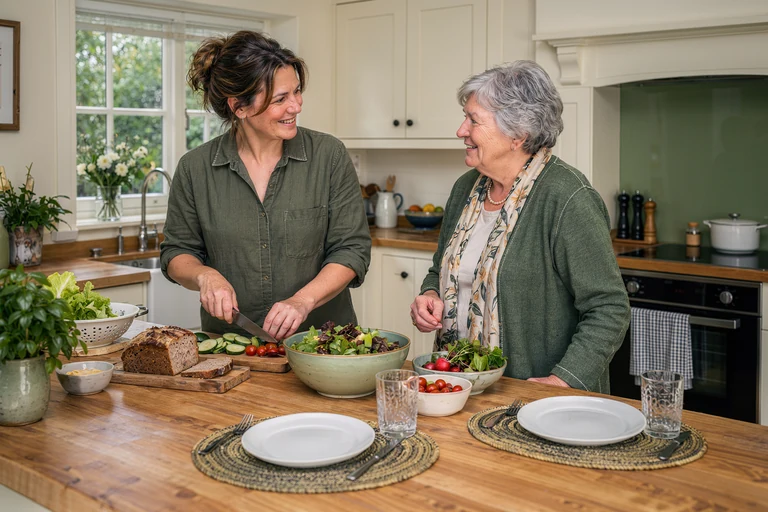 Illustrative scene of a companion preparing a fresh lunch while an older woman chats beside her in a home kitchen