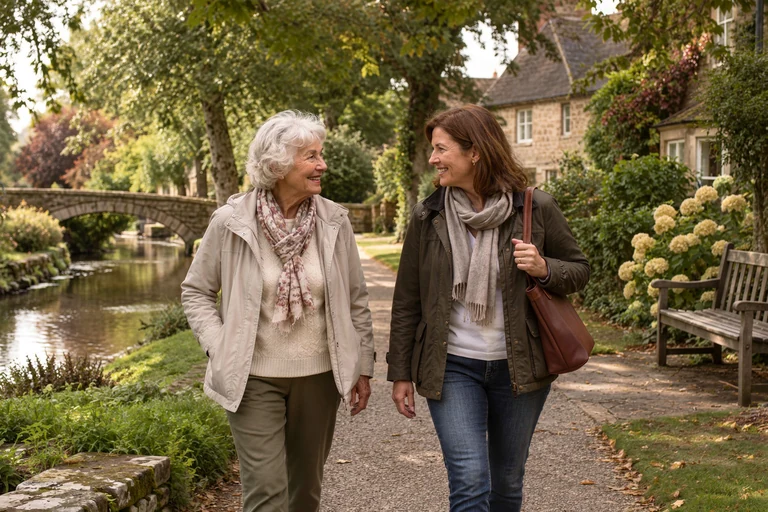 Illustrative scene of an older woman and a companion walking and talking beside a village pond